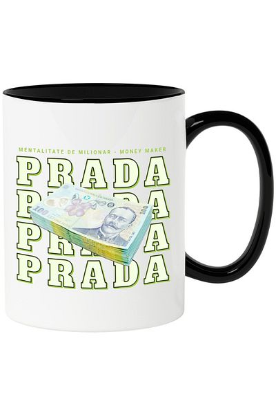 INOVATIX Personalized white mug, _Prada_ - 100 Romanian Lei, with Black Handle, INOVATIX®. 330ml