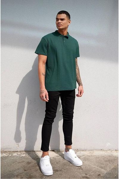 BAGİSTA BUTİK Unisex Dark Green Short Sleeve Polo Collar 100% Cotton Lakos