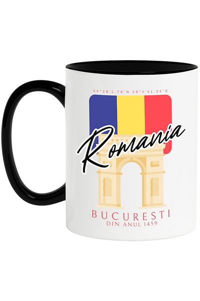 INOVATIX Personalized white mug, Romania, Bucharest - Arc de Triomphe, with Black Handle, INOVATIX®. 330ml