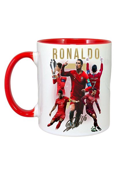 INOVATIX Personalized White Mug, Ronaldo Autograph, Red Handle and Interior, ®. 330ml