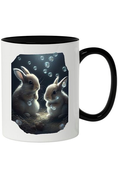 INOVATIX Personalized white mug, Rabbits, Nest, Bubbles, Water, Straw, Burrow, with Black Handle, INOVATIX®. 330ml