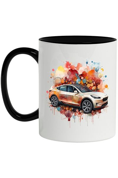 INOVATIX Personalized white mug, Tesla, Car, Vehicle, Brand, Watercolor, with Black Handle, INOVATIX®. 330ml