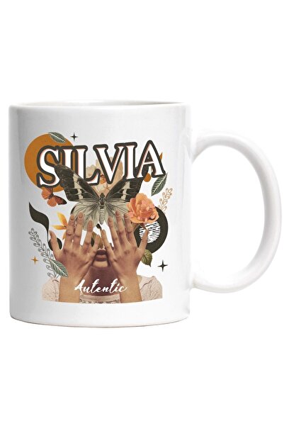 INOVATIX Cana alba personalizata, Numele Silvia, Colaj Fata, Fluture, Flori, ...