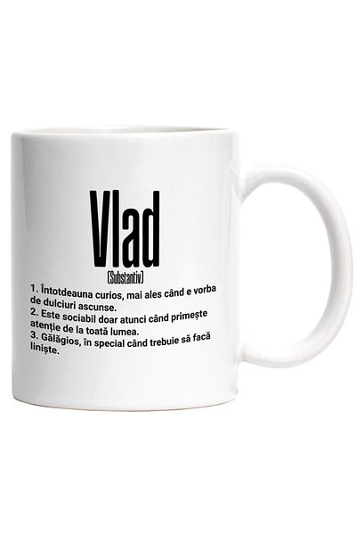 INOVATIX Personalized white mug, Name Vlad, With Funny Message, Curious, Sociable, Noisy, INOVATIX®. 330ml