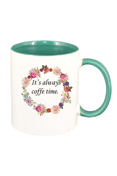INOVATIX Personalized white mug, Flowers, Coffee time, green interior, D1052, INOVATIX®. 330ml