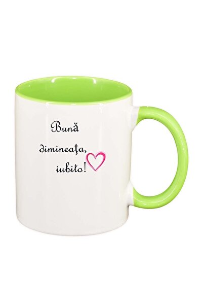 INOVATIX Персонализирана бяла чаша, Добро утро..., светлозелена вътрешност, D...