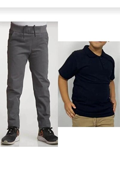 BAGİSTA BUTİK Children's Gray Linen (Elastic Waist) Pants Dark Blue Short Sleeve School Lakos