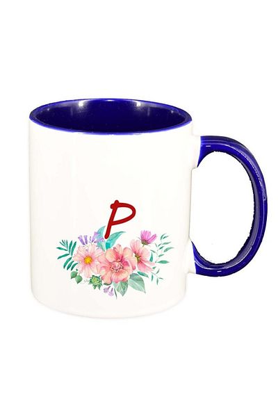 INOVATIX Personalized white mug, Flowers with alphabet, dark blue interior, D948, INOVATIX®. 330ml