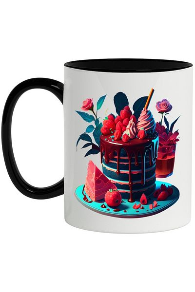 INOVATIX Personalized white mug, Cake, Cookie, Strawberries, Flowers, with Black Handle, INOVATIX®. 330ml