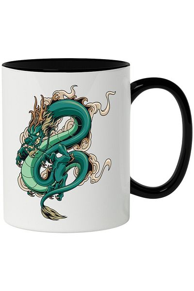INOVATIX Personalized white mug, Dragon, Smoke, Cloud, Asian, with Black Handle, INOVATIX®. 330ml