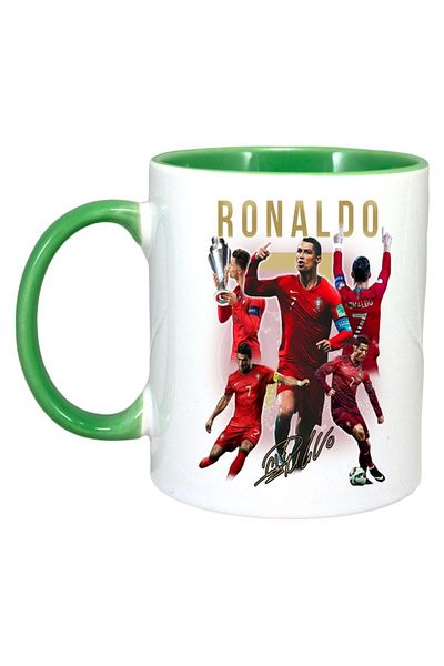 INOVATIX Personalized White Mug, Ronaldo Autograph, Green Handle and Interior, ®. 330ml