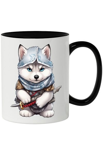INOVATIX Personalized white mug, Puppy, Soldier, Scarf, Weapon, Armor, with Black Handle, INOVATIX®. 330ml