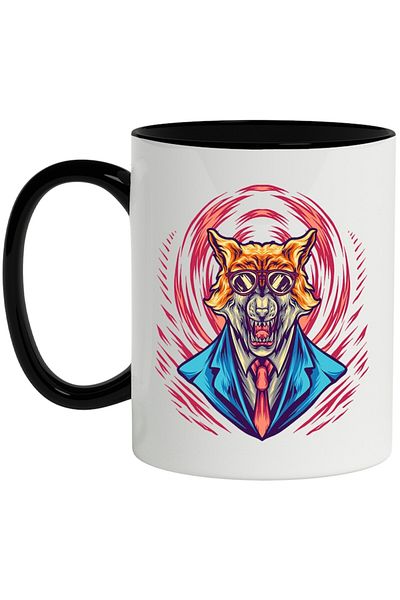 INOVATIX Personalized white mug, Wolf, Sunglasses, Mafia, Costume, with Black Handle, INOVATIX®. 330ml