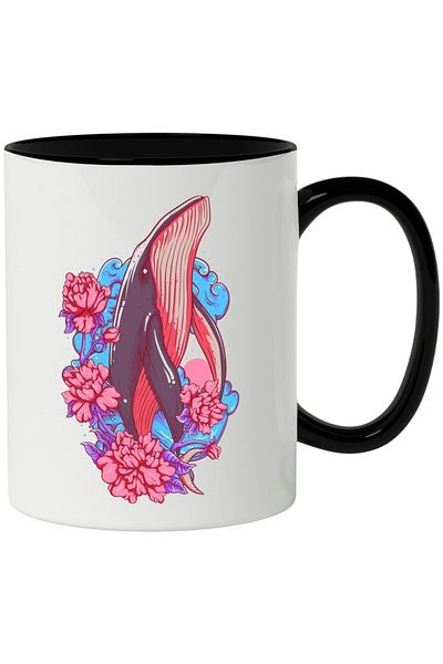 INOVATIX Personalized white mug, Whale, Flowers, Wave, Leaves, with Black Handle, INOVATIX®. 330ml
