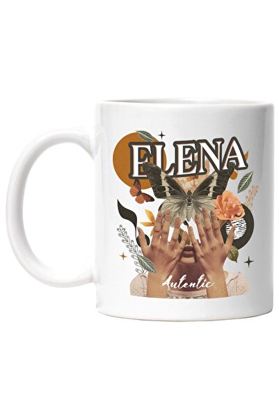 INOVATIX Cana alba personalizata, Numele Elena, Colaj Fata, Fluture, Flori, C...