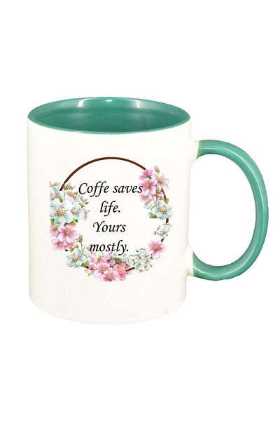 INOVATIX Personalized white mug, Flowers, Coffee saves life, green interior, D1040, INOVATIX®. 330ml