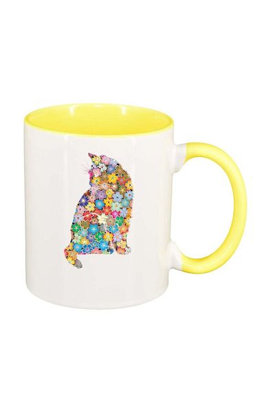 INOVATIX Personalized white mug, Flowers, Cat, yellow interior, D995, INOVATIX®. 330ml