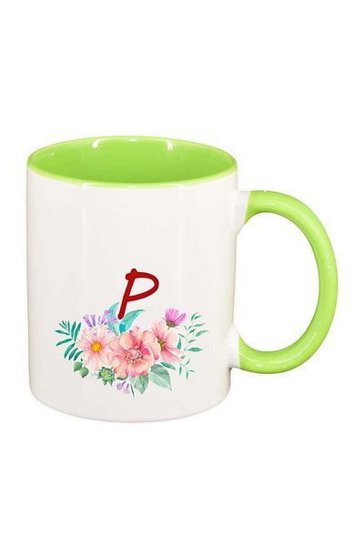 INOVATIX Personalized white mug, Flowers with alphabet, light green interior, D948, INOVATIX®. 330ml
