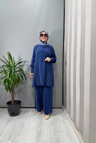 MISS DALIDA Elastic Waist Wide Leg Cupro Trousers Blue T25Y-7007