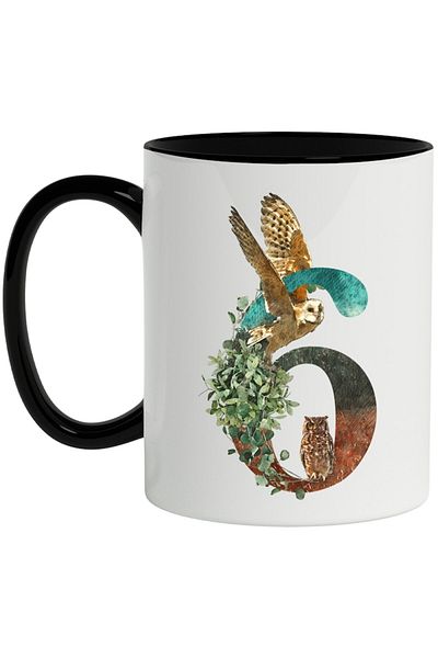 INOVATIX Personalized white mug, Number, 6, Owls, Leaves, Nature, with Black Handle, INOVATIX®. 330ml