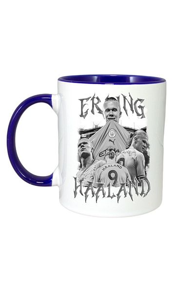 INOVATIX Personalised White Mug, Erling Haaland, Blue Handle and Interior, ®. 330ml