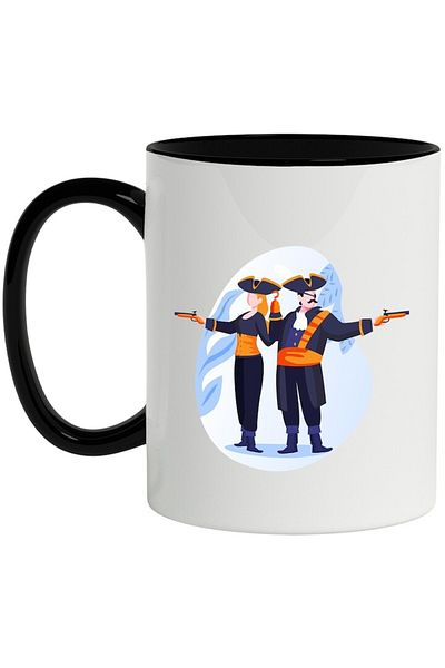 INOVATIX Personalized white mug, Pirates, Hook, Guns, Eyepatch, with Black Handle, INOVATIX®. 330ml