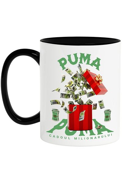 INOVATIX Personalized white mug, _Puma_ - Millionaire's Gift, with Black Handle, INOVATIX®. 330ml