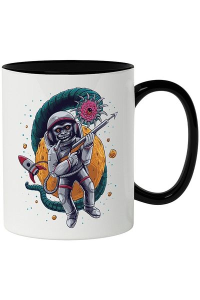 INOVATIX Personalized white mug, Astronaut, Monkey, Harpoon, Worm, with Black Handle, INOVATIX®. 330ml