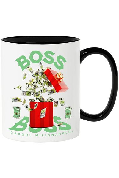 INOVATIX Personalized white mug, _Boss_ - Millionaire's Gift, with Black Handle, INOVATIX®. 330ml