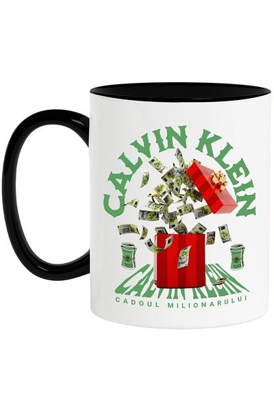 INOVATIX Personalized white mug, _Calvin Klein_ - Millionaire's Gift, with Black Handle, INOVATIX®. 330ml