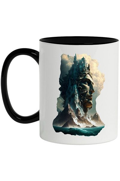 INOVATIX Personalized white mug, God, Mountains, Water, Ocean, Sky, Clouds, Bust, with Black Handle, INOVATIX®. 330ml