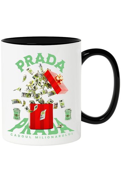 INOVATIX Personalized white mug, _Prada_ - Millionaire's Gift, with Black Handle, INOVATIX®. 330ml