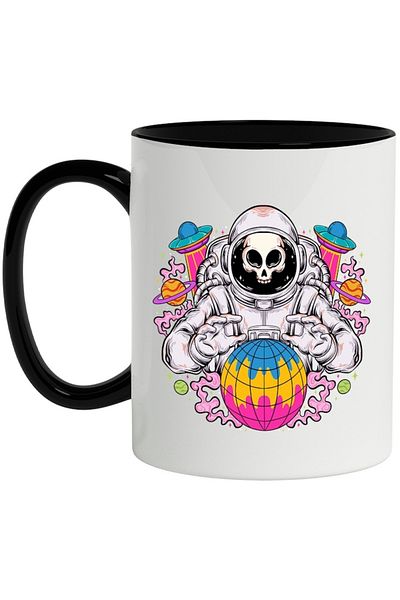 INOVATIX Personalized white mug, Astronaut, Space, Skull, Ship, with Black Handle, INOVATIX®. 330ml