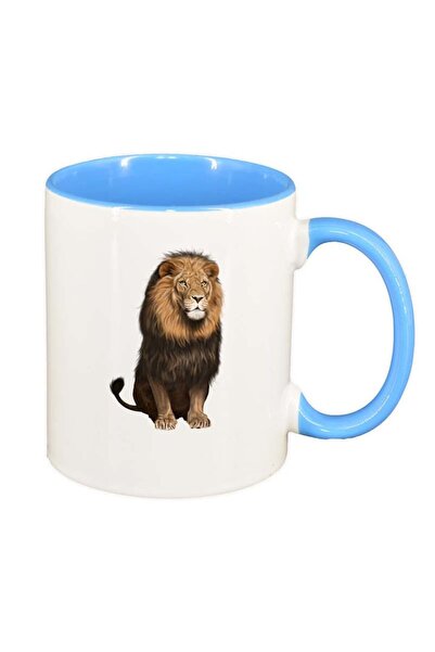 INOVATIX Персонализирана бяла чаша, Лъв, син интериор, D199, INOVATIX®. 330 мл