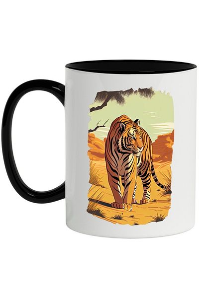 INOVATIX Personalized white mug, Tiger, Savannah, Sand, Sun, Tree, with Black Handle, INOVATIX®. 330ml