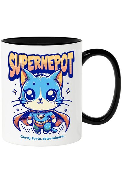 INOVATIX Personalized white mug, Super Nepot, Superhero, Flying Cat, with Black Handle, INOVATIX®. 330ml