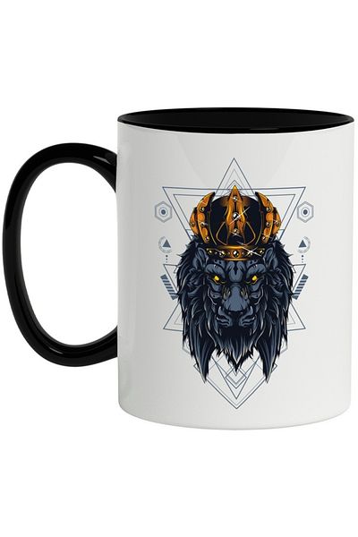 INOVATIX Personalized white mug, Lion, Crown, Geometry, King, with Black Handle, INOVATIX®. 330ml