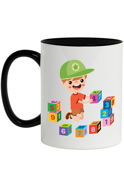 INOVATIX Personalized white mug, Child, Cubes, Cap, Numbers, with Black Handle, INOVATIX®. 330ml
