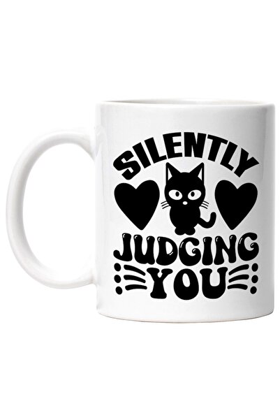 INOVATIX Cana alba personalizata, inimioare si o pisica Silently judging you,...