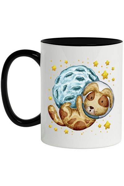 INOVATIX Personalized white mug, Puppy, Astronaut, Asteroid, Stars, with Black Handle, INOVATIX®. 330ml
