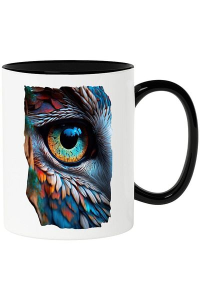 INOVATIX Personalized white mug, Bird's Eye, Animals, Forest, Owl, with Black Handle, INOVATIX®. 330ml