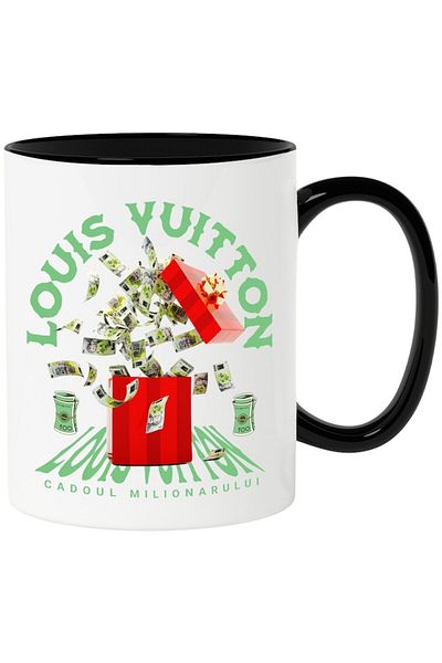 INOVATIX Personalized white mug, _Louis Vuitton_ - Millionaire's Gift, with Black Handle, INOVATIX®. 330ml