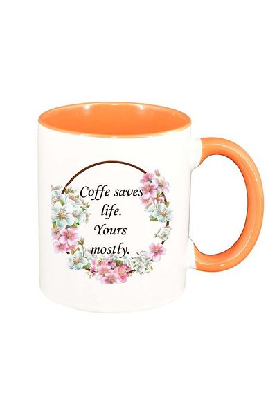 INOVATIX Personalized white mug, Flowers, Coffee saves life, orange interior, D1040, INOVATIX®. 330ml