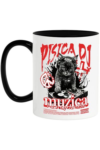 INOVATIX Personalized white mug, Cat DJ Romania, Music, Headphones, Artist, with Black Handle, INOVATIX®. 330ml