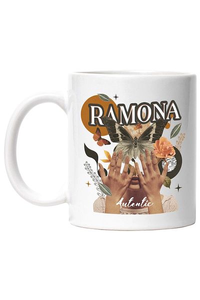 INOVATIX Personalized white mug, Name Ramona, Girl Collage, Butterfly, Flowers, Circle, INOVATIX®. 330ml