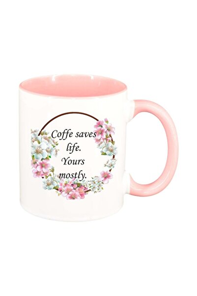 INOVATIX Εξατομικευμένη λευκή κούπα, Λουλούδια, Ο καφές σώζει ζωές, ροζ εσωτε...