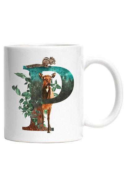 INOVATIX Personalized white mug, Letter, P, Squirrel, Deer, Leaves, INOVATIX®. 330ml