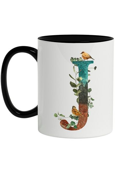 INOVATIX Personalized white mug, Letter, J, Birds, Leaves, with Black Handle, INOVATIX®. 330ml