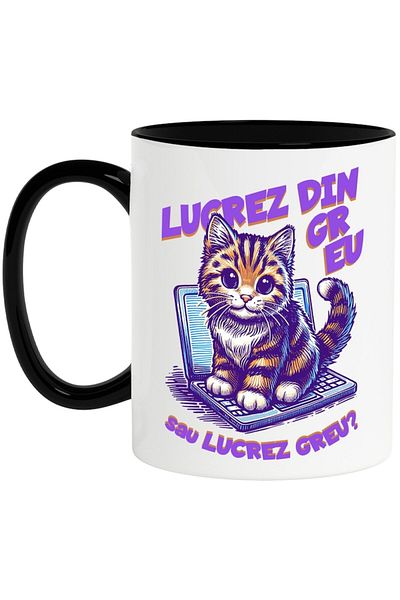 INOVATIX Personalized white mug, Laptop Cat with message _I work hard_, with Black Handle, INOVATIX®. 330ml
