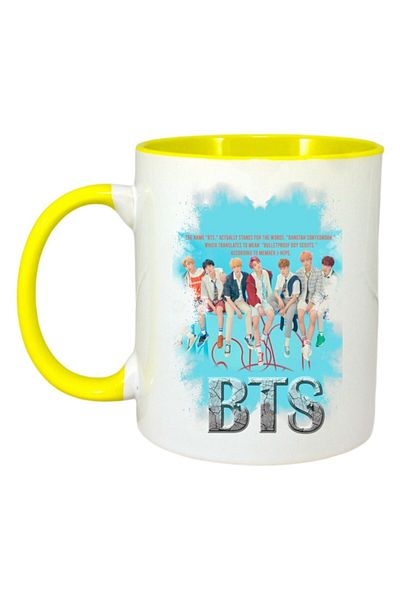 INOVATIX Personalized White Mug, Bts Band 3, Yellow Handle and Interior, ®. 330ml